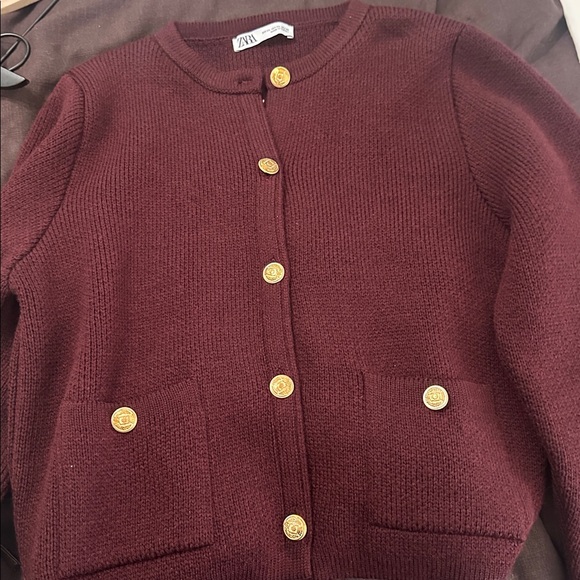Zara Maroon Knit Cardigan with Gold Accents - Picture 1 of 2